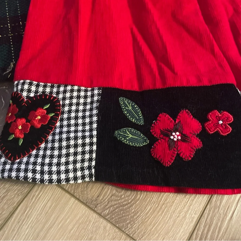 Vintage Red Corduroy Embroidered Girl 3T Dress Plaid Scottish Dog Floral Hearts - Picture 2 of 7